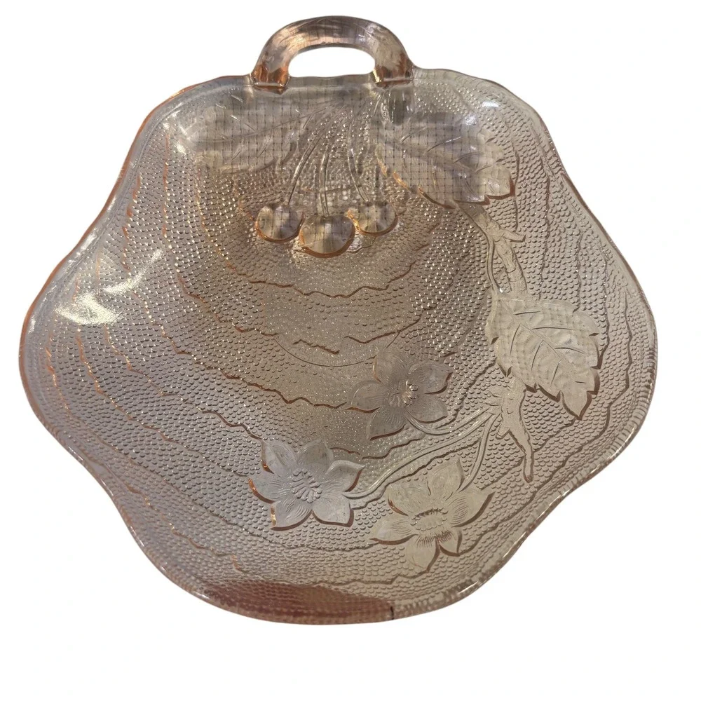 Vintage Pink Depression Glass Cherry Floral‎ Nappy Bowl Single Handle Candy Dish